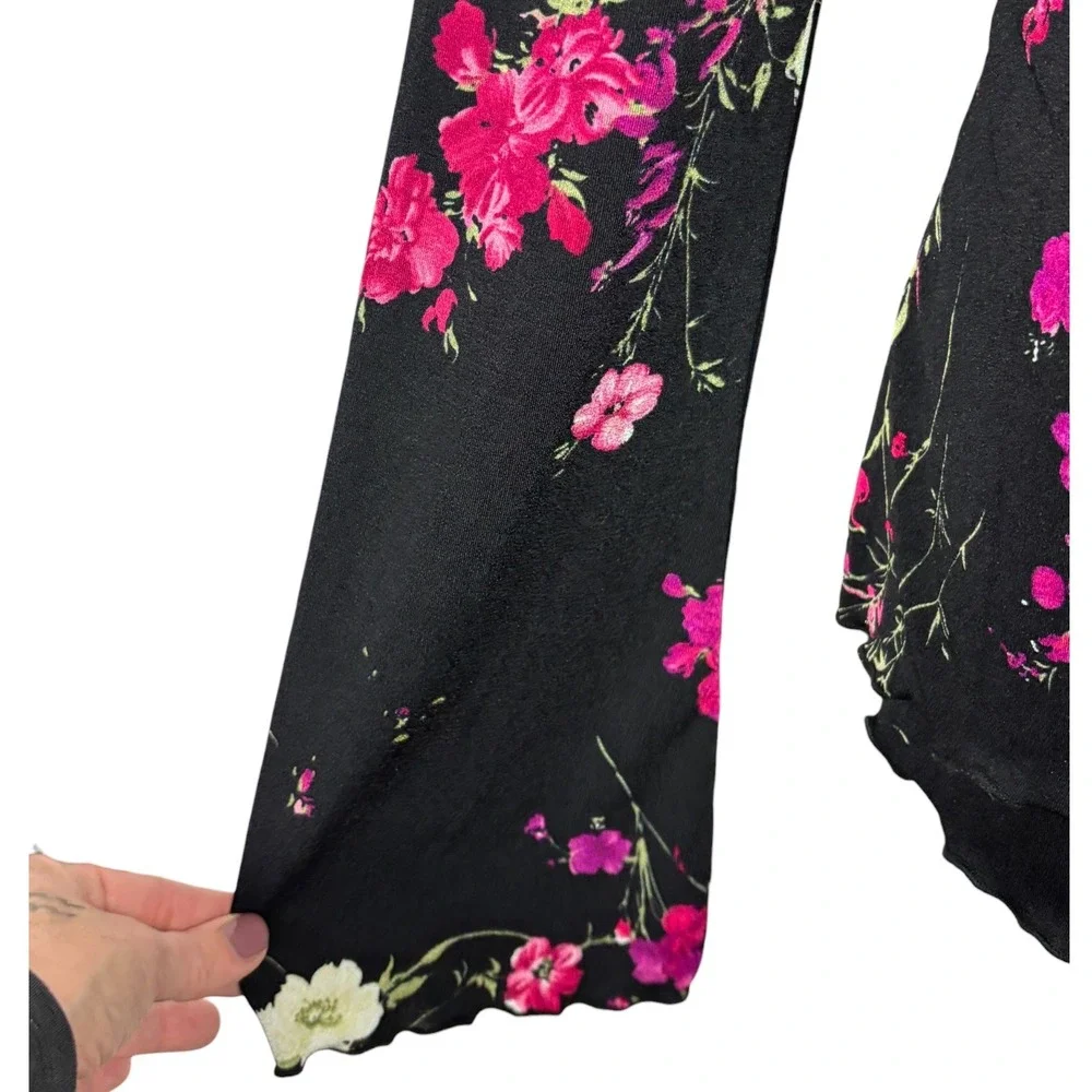 Vtg Black Floral Long Sleeve Top V-Neck Tie Front Lettuce Edge Sz 12 Y2K Goth - Picture 3 of 6